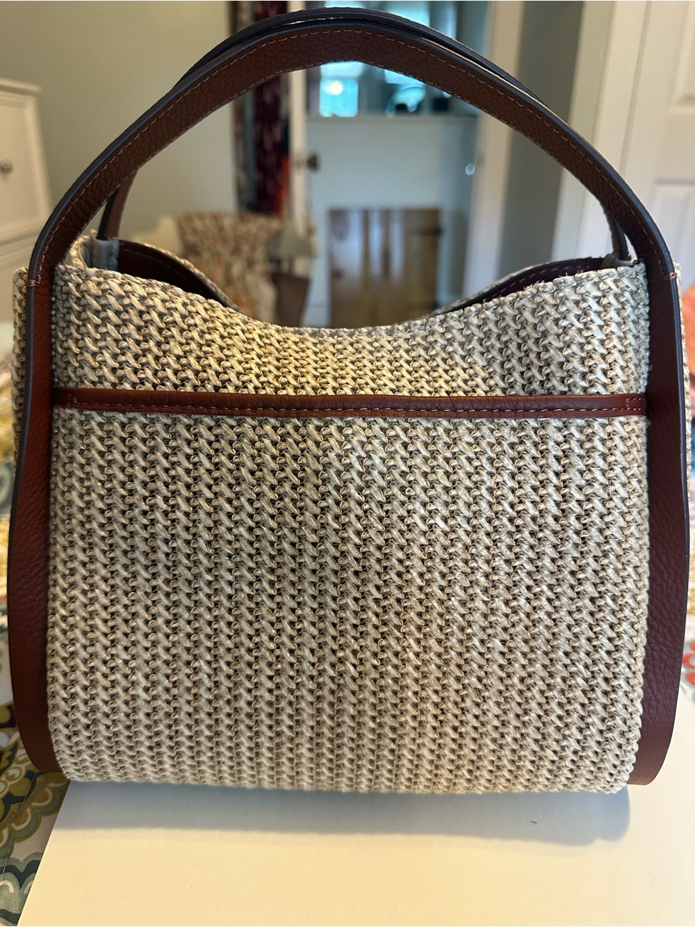 American Leather Co. Triple Entry Raffia & Leather Satchel Handbag Purse - Picture 4 of 9